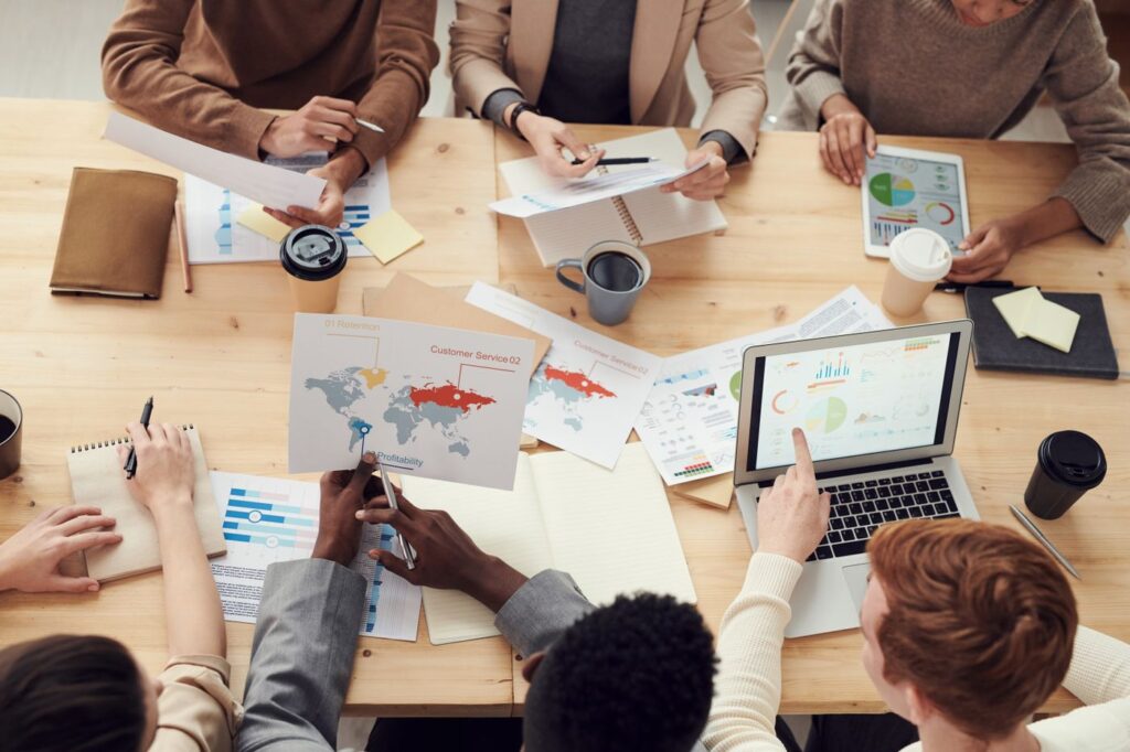 Marketing team collaborating in a modern USA office